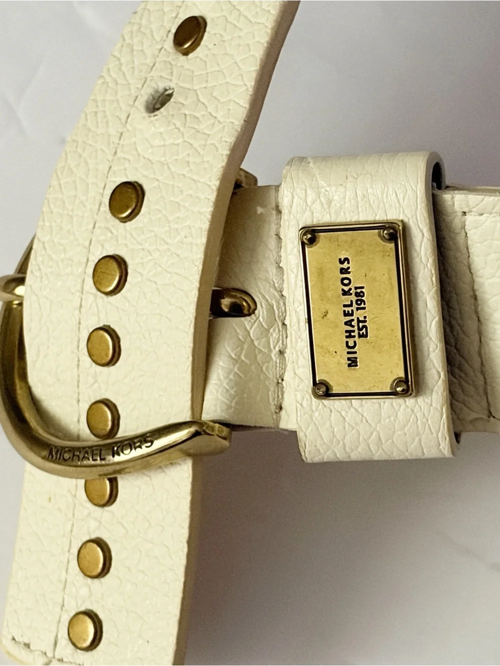 Michael Kors Cream Leather Studded Belt Antique Brass Plaque Medium M Boho Chic